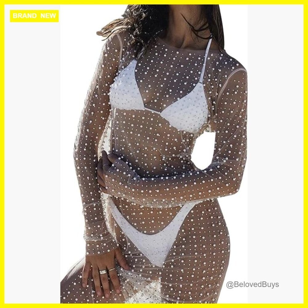Sheer Mesh Rhinestone Cover Up Dress Swimwear Large Loose Fit Long Sleeve